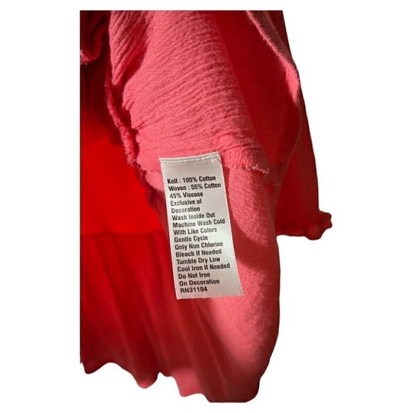 Crown & Ivy Coral Pink Peplum Ruffle Top with Pom Pom Bell Sleeve Trim  Size MP - Picture 5 of 8